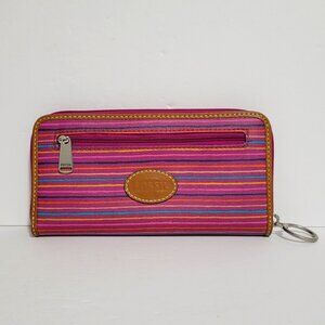 Fossil Keyper Zip Around Continental Coated Canvas Wallet Colorful Stripes ~ EUC